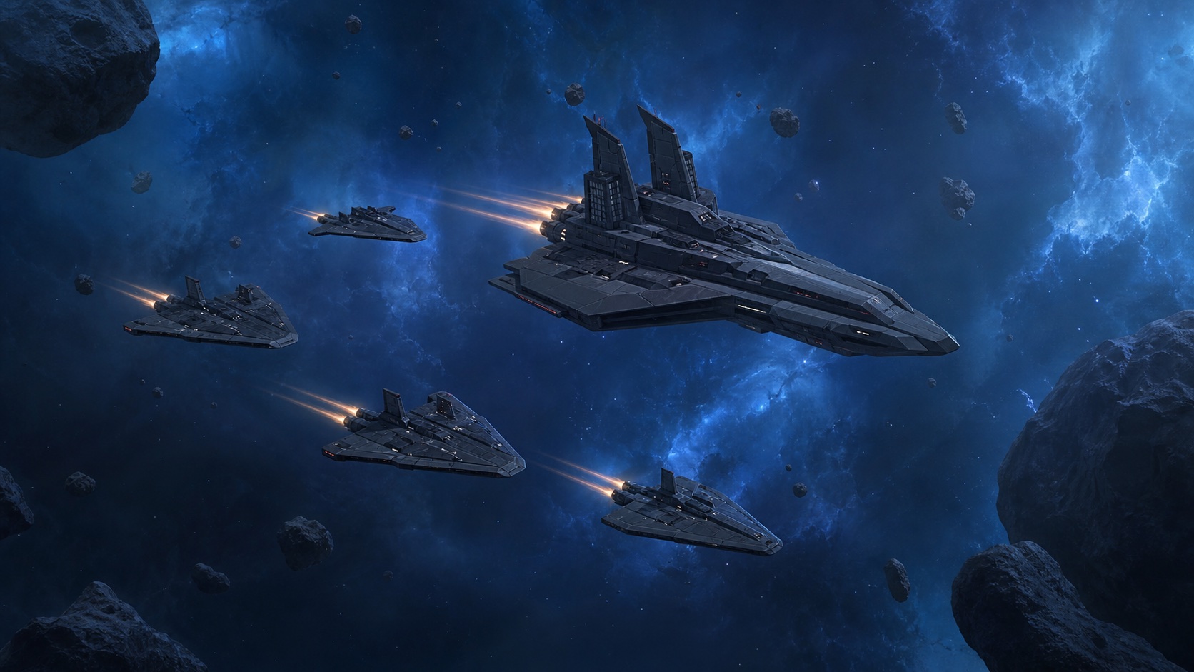 AI-generated concept-phase image of a readable fleet formation against a restrained blue nebula