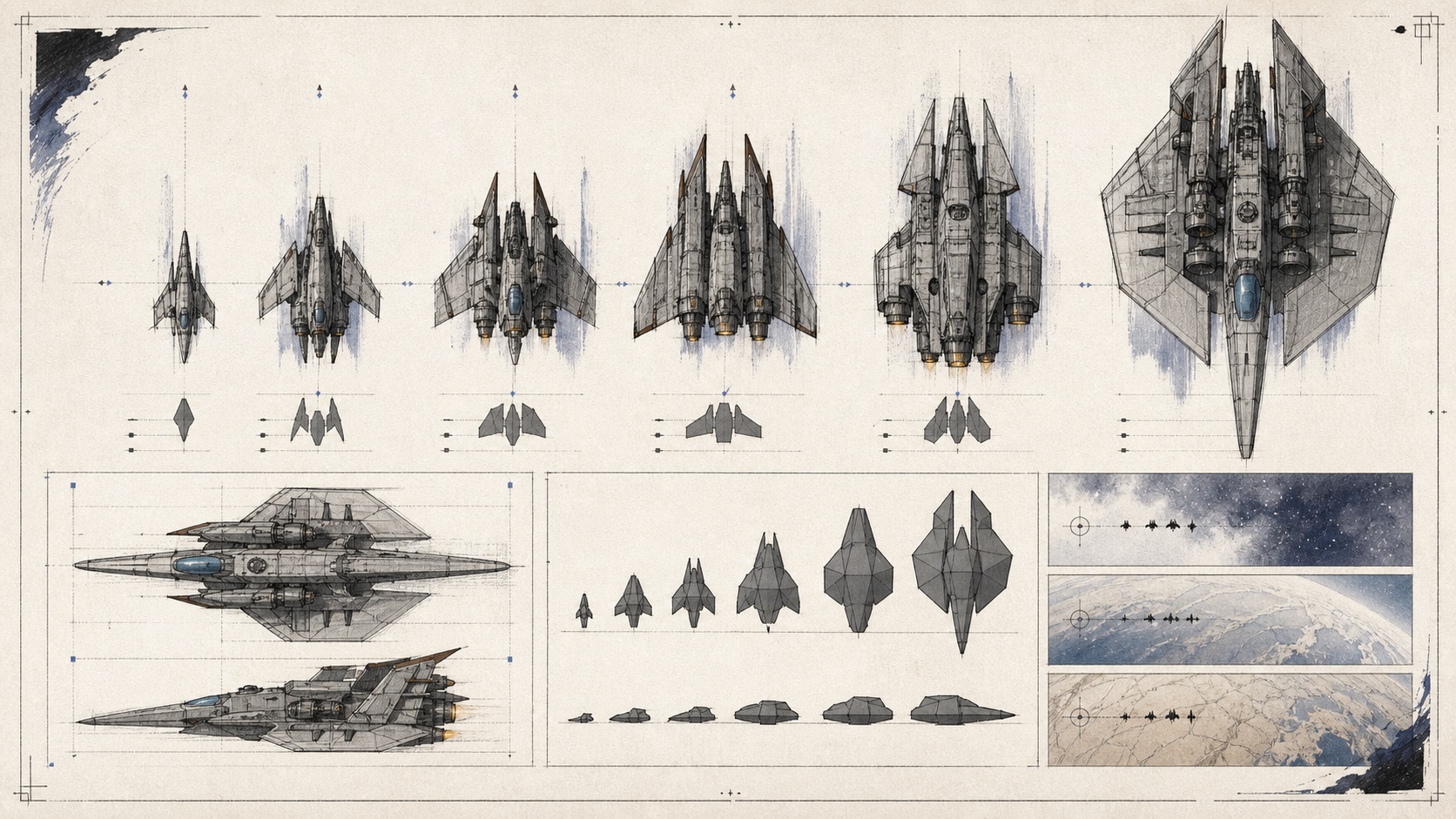 AI-generated concept-phase graphite study of a science-fiction fleet silhouette system and zoom-distance tests