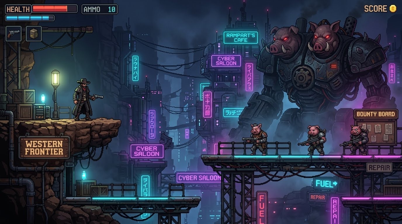 AI-generated cyber-western game keyframe with a gunslinger facing armored boar enemies