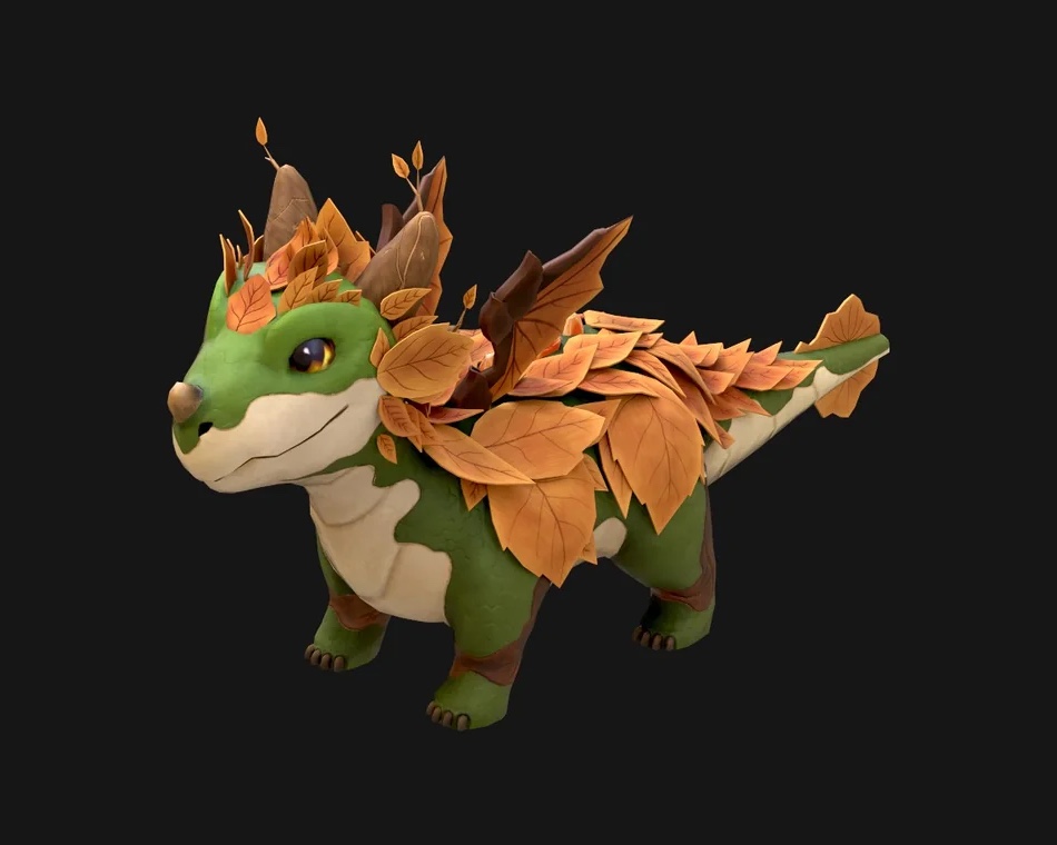 Three-quarter presentation of Verdant Warden, a stylized leaf-armored dragon