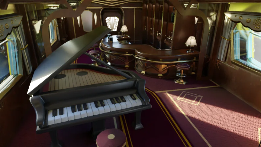 Final Victorian miniature-diorama lounge in Unity with a piano, curved bar, and warm practical fixtures