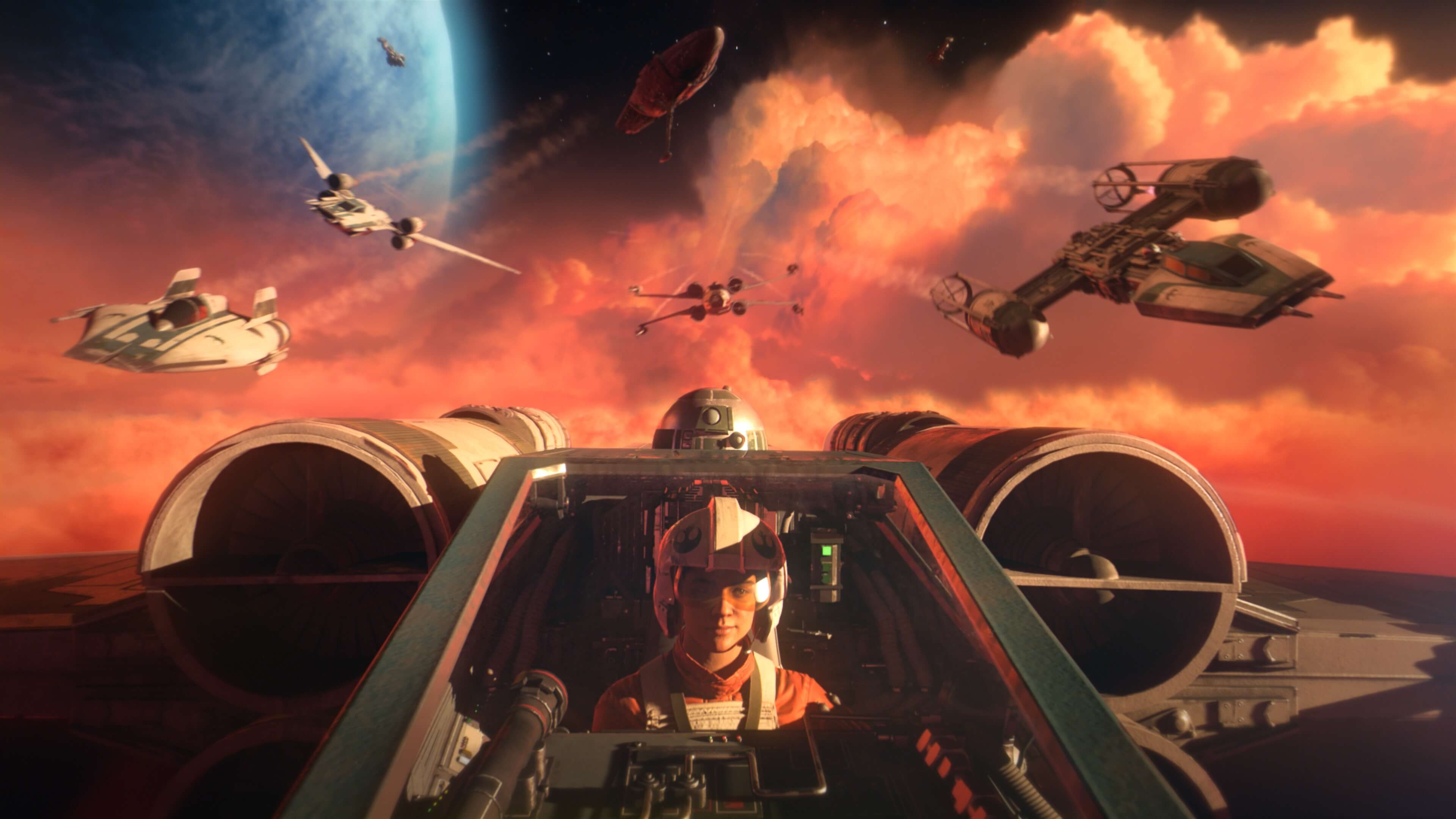 Official Star Wars Squadrons cockpit view with a readable flight axis and distant formation